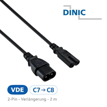 DINIC Netzkabel 2-Pin Verlängerung, C7 auf C8, VDE, schwarz, 2m