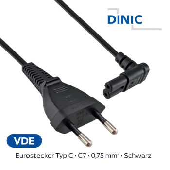 DINIC Netzkabel mit Eurostecker auf C7 90° Grad unten, oben gewinkelt, 2m