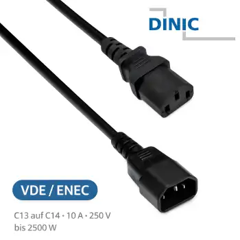 DINIC Kaltgeräte-Verlängerung C13 Stecker auf C14 Buchse, VDE, 0,75mm² schwarz, 1.00m