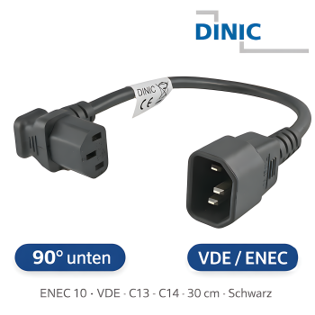 DINIC Kaltgeräte-Verlängerung C13 90° unten gewinkelt auf C14, kurz, schwarz, 30cm