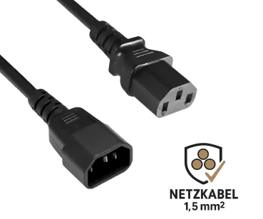 DINIC Kaltgerätekabel mit 1,5mm², Verlängerung C13 auf C14, VDE, schwarz, 3m