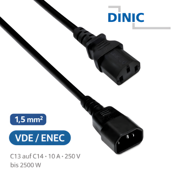 DINIC Kaltgerätekabel mit 1,5mm², Verlängerung C13 auf C14, VDE, schwarz, 1,80m