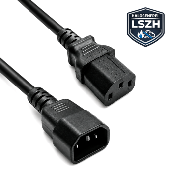 DINIC Kaltgerätekabel halogenfrei, 1mm², VDE, LSZH, C13/C14, Verlängerung, schwarz