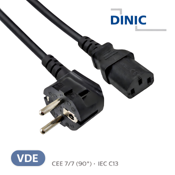 DINIC Kaltgerätekabel, Netzkabel Schutzkontaktstecker auf C13, VDE, 0,75mm², schwarz, 3m