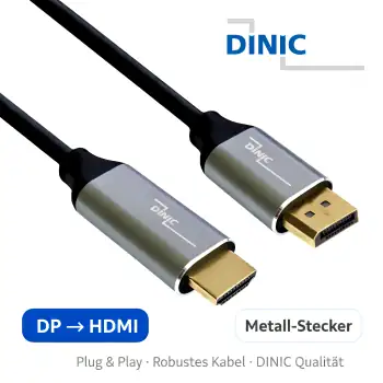 DINIC Premium Displayport auf HDMI Kabel, 4K@60Hz, 3D, HDR, 1x DP auf 1x HDMI Stecker, 2m