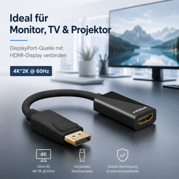 DINIC Adapter DisplayPort 1.4 St. auf HDMI Typ A Bu., PB DP 1.4 auf HDMI, 4K*2K@60Hz, 3D, schwarz, 0,1m Allge