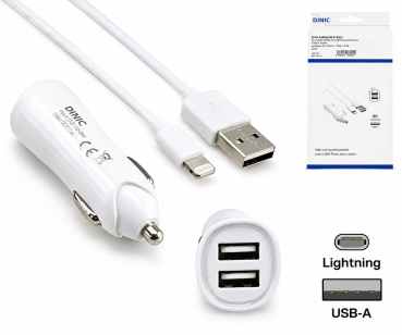 DINIC iPhone KFZ Ladeadapter + Lightning Kabel, 12V, 2x USB 5V 3100mA, MFI zertifiziert, weiß, 1m