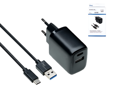 DINIC USB PD/QC 3.0 Ladeadapter, inkl. A auf C Kabel 20W, 3,6V~5,9V/3A; 6~9V/2A; 9V~12V/1,5A, schwarz, 1m