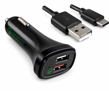DINIC USB KFZ QC3 Ladeadapter + USB C auf A Kabel, Ausg. 1: 5V 2,4A; Ausg. 2: 5V/3A, 9V/2A, 12V/1,5A, schwarz, 1m