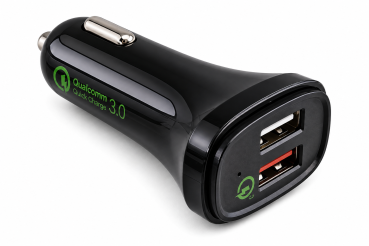 DINIC USB KFZ QC3 Ladeadapter + USB C auf A Kabel, Ausg. 1: 5V 2,4A; Ausg. 2: 5V/3A, 9V/2A, 12V/1,5A, schwarz, 1m