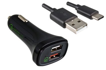 DINIC USB KFZ QC3 Ladeadapter + USB C auf A Kabel, 1m Ausg. 1: 5V 2,4A; Ausg. 2: 5V/3A, 9V/2A, 12V/1,5A