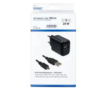 DINIC USB PD/QC 3.0 Ladeadapter inkl. micro USB Kabel 20W, 3,6V~5,9V/3A; 6~9V/2A; 9V~12V/1,5A, schwarz, 2m
