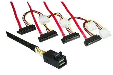 DINIC SAS Kabel SFF-8643 auf SFF-8482 gewinkelt, HD mini SAS auf 4x Data/Power, Low Profile, 0,75m