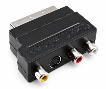 DINIC Scartstecker mit IN/OUT Umschalter, 3x Cinchbuchse und 4 pol. mini DIN-Buchse, Karton Box