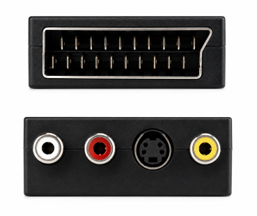 DINIC Scartstecker mit IN/OUT Umschalter, 3x Cinchbuchse und 4 pol. mini DIN-Buchse, Karton Box