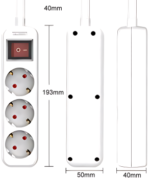 DINIC Steckdosenleiste, 3-fach mit Schalter, weiß, 1,30m