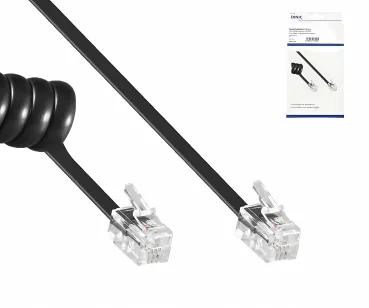 DINIC Telefonhörer-Spiralkabel, 2m, Box RJ10 4P4C Modularstecker auf Stecker, schwarz, 2m