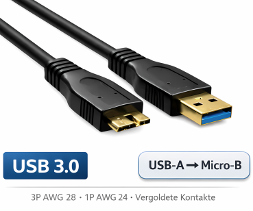 DINIC USB 3.0 Kabel A Stecker auf micro B Stecker, 3P AWG 28/1P AWG 24, vergoldete Kontakte, schwarz