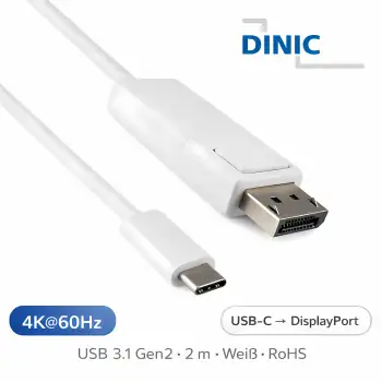 DINIC USB 3.2 Kabel Typ C St. auf DisplayPort St., 4K bei 60Hz, weiß, 2m