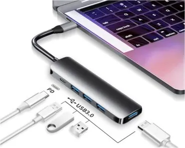 DINIC USB Typ C Adapter USB A 4-Port HUB+PD, 4x USB 3.0 + Typ C Ladebuchse, space grau, DINIC Polybag