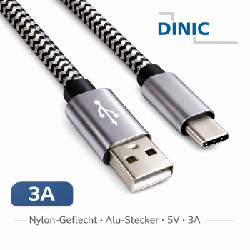 DINIC USB Typ C auf A Ladekabel, HQ Alu Stecker, 5V, 3A, Nylon Kabel, Space Grey, 0,5m