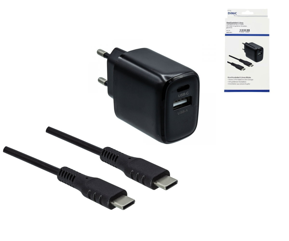 DINIC Kabel Shop - USB PD/QC 3.0 Ladeadapter inkl. C-C Kabel, schwarz 20W,  3,6V~5,9V/3A; 6~9V/2A; 9V~12V/1,5A