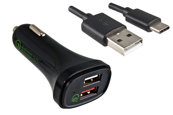 DINIC Kabel Shop - USB KFZ QC3 Ladeadapter + USB C auf A Kabel, 1m Ausg. 1:  5V 2,4A; Ausg. 2: 5V/3A, 9V/2A, 12V/1,5A