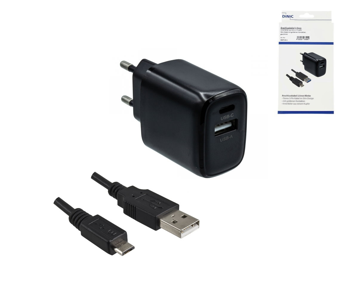 DINIC Kabel Shop - USB PD/QC 3.0 Ladeadapter inkl. 2m micro USB Kabel 20W, 3 ,6V~5,9V/3A; 6~9V/2A; 9V~12V/1,5A