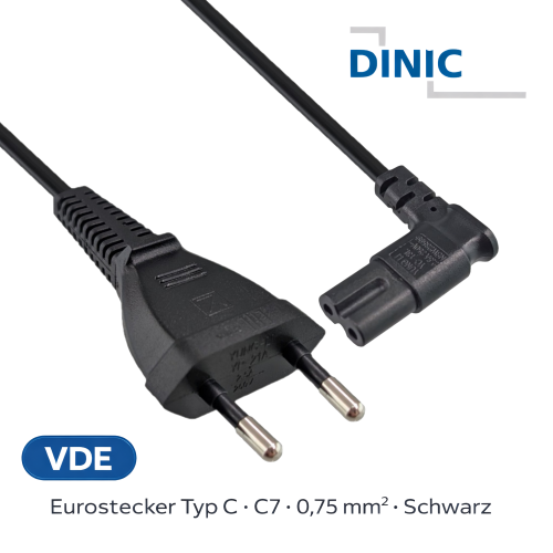 DINIC Netzkabel Eurostecker auf C7, 90 Grad seitwärts gewinkelt, 2m
