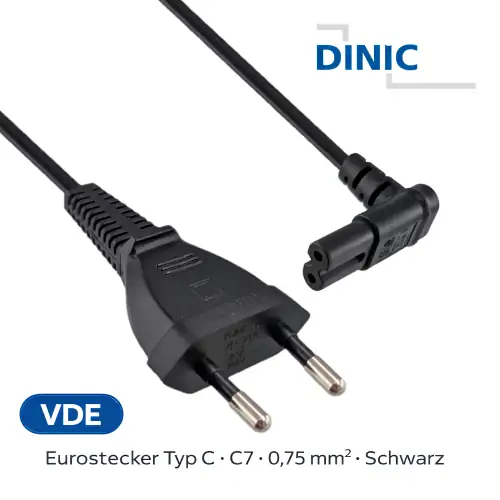 DINIC Netzkabel mit Eurostecker auf C7 90° Grad unten, oben gewinkelt, 2m