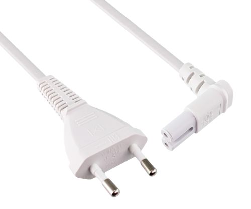 DINIC Netzkabel mit Eurostecker auf C7 90° unten, oben gewinkelt, weiß, 2m