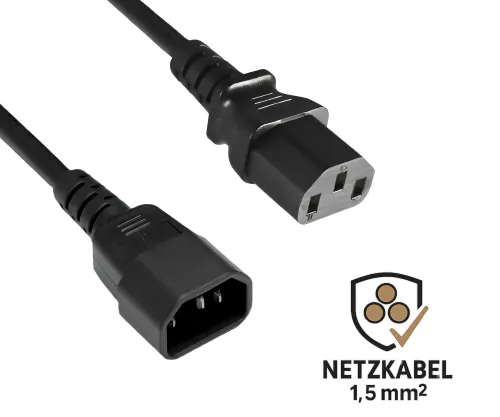 DINIC Kaltgerätekabel mit 1,5mm², Verlängerung C13 auf C14, VDE, schwarz, 5m