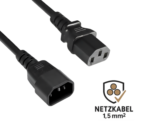 DINIC Kaltgerätekabel mit 1,5mm², Verlängerung C13 auf C14, VDE, schwarz, 1,80m