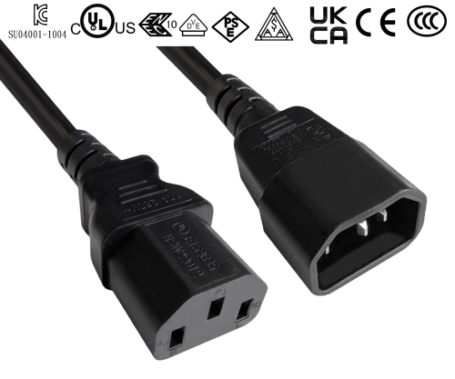 Kaltgerätekabel C13-C14, Multi-Zulassungen, 0,5m 1mm², VDE,UL,CCC,KC,SAA,PSE,UKCA, schwarz