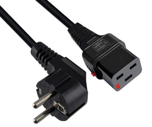 DINIC Netzkabel Schuko auf C19 locking, VDE, 1,5mm², Verriegelung, schwarz, 2m