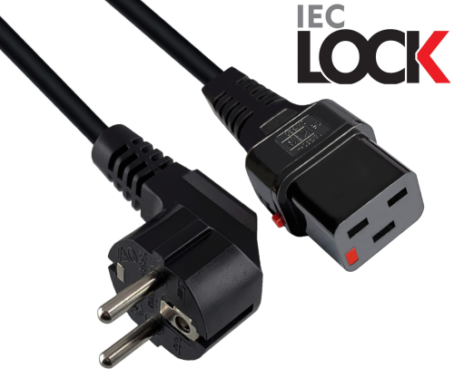 DINIC Netzkabel Schuko auf C19 locking, VDE, 1,5mm², Verriegelung, schwarz, 2m