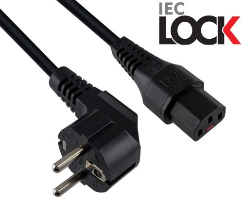 DINIC Netzkabel Schuko auf C13 mit Verriegelung, locking, 1mm², 2m