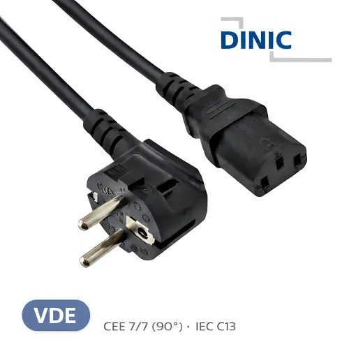 DINIC Kaltgerätekabel, Netzkabel Schutzkontaktstecker auf C13, VDE, 0,75mm², schwarz, 1m