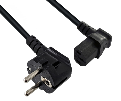 DINIC Netzkabel Schuko auf C13 90 Grad nach unten abgewinkelt, 0,75mm² VDE, schwarz, 1.80m