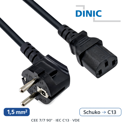 DINIC Netzkabel, extra großen Querschnitt 1,5mm², CEE 7/7 - C13, VDE-zertifiziert, schwarz, 3m