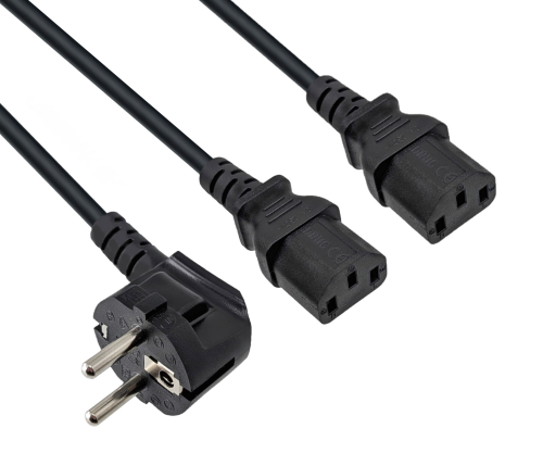 DINIC Y-Netzkabel Schuko auf 2x C13 Kaltgerätestecker, 1mm², schwarz, 2m
