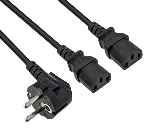 DINIC Y-Netzkabel Schuko auf 2x C13 Kaltgerätestecker, 1mm², schwarz, 2m