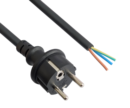 DINIC Netzkabel Gummi / Neopren Schuko auf Open-End, 3cm abgemantelt, 1.5mm², VDE, schwarz, 3m