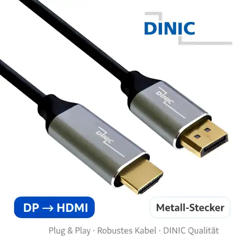 DINIC Premium Displayport auf HDMI Kabel, 4K@60Hz, 3D, HDR, 1x DP auf 1x HDMI Stecker, 2m