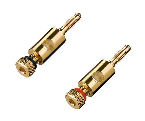 Bananenstecker-Set mit Schraubanschluss / 2 Stück vergoldet, 4mm, Farbring 1x rot u. 1x schwarz, Box