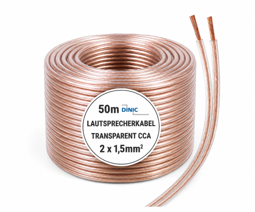 DINIC Lautsprecherkabel transparent CCA, Rolle, Querschnitt 2 x 1,5 mm², 50m