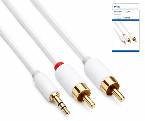 Audio Kabel 3,5mm Klinken St. auf 2x Cinch St., DINIC Monaco Range, weiß, DINIC Box mit Euroloch, 2m