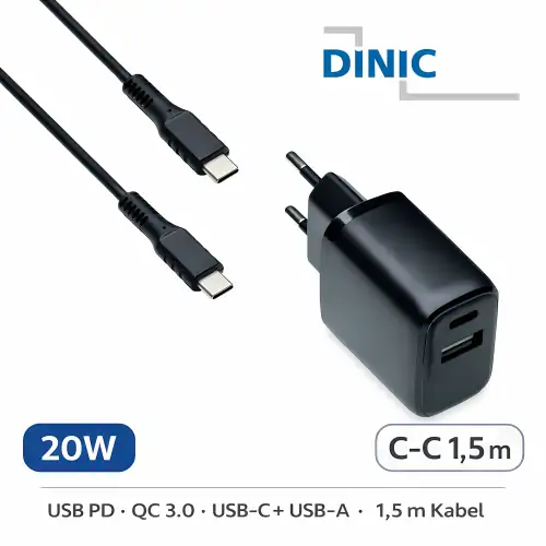 DINIC USB PD/QC 3.0 Ladeadapter inkl. C-C Kabel, schwarz 20W, 3,6V~5,9V/3A; 6~9V/2A; 9V~12V/1,5A