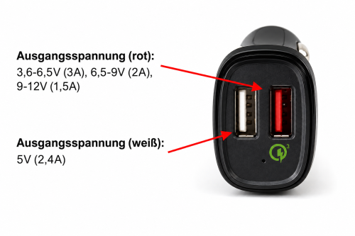 DINIC USB KFZ QC3 Ladeadapter + USB C auf A Kabel, Ausg. 1: 5V 2,4A; Ausg. 2: 5V/3A, 9V/2A, 12V/1,5A, schwarz, 1m
