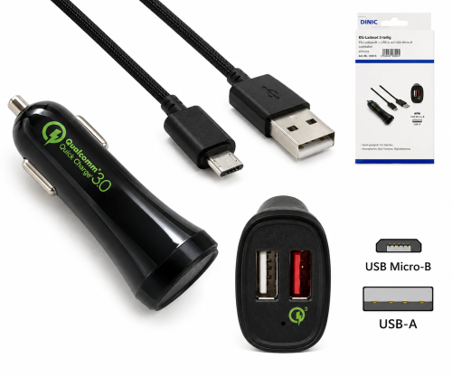 DINIC USB KFZ Q3 Charger, Ladeadapter+microUSB Kabel, 1m